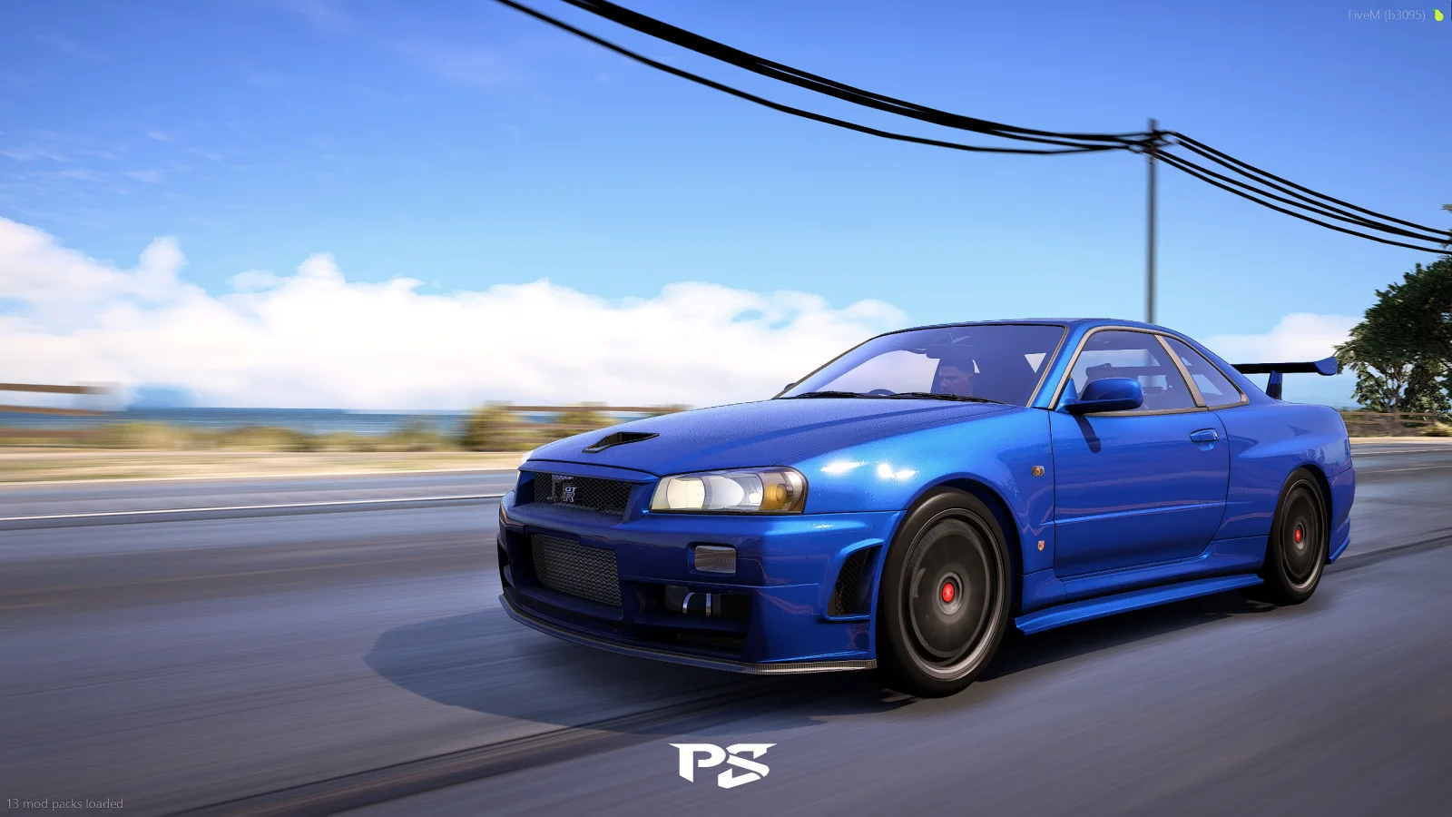 Blue sports car driving through a realistic FiveM scene