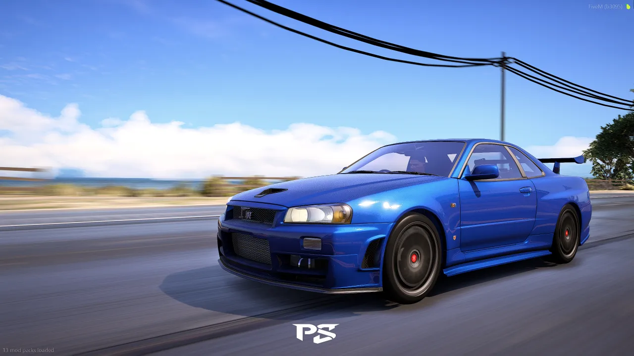 Blue sports car driving through a realistic FiveM scene
