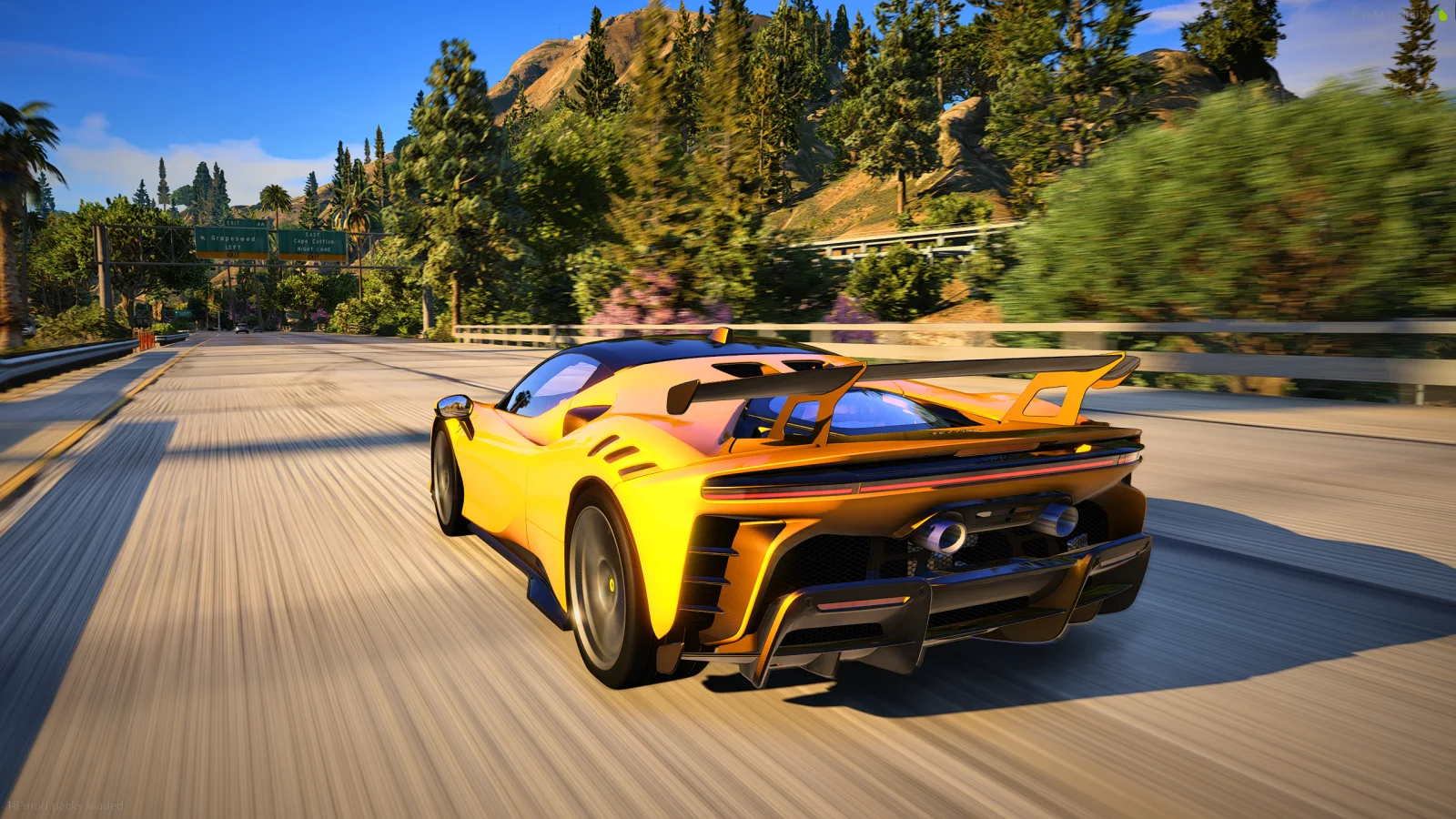 Yellow sports car driving through a realistic FiveM forest road