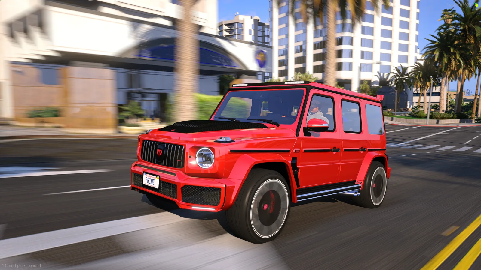 Red SUV driving through a vivid realistic FiveM city scene